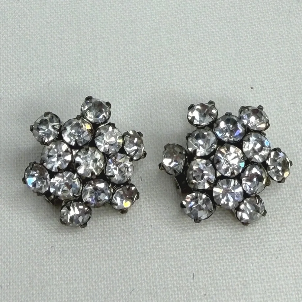 Vintage Clear Rhinestone Cluster Scatter Pins Pair Silver Tone Mid Century